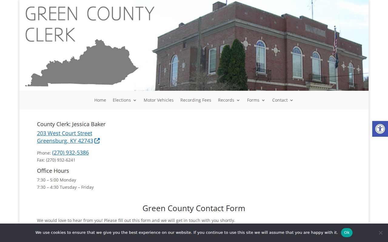 Official Green County Clerk contact page for the separate county records office in Greensburg