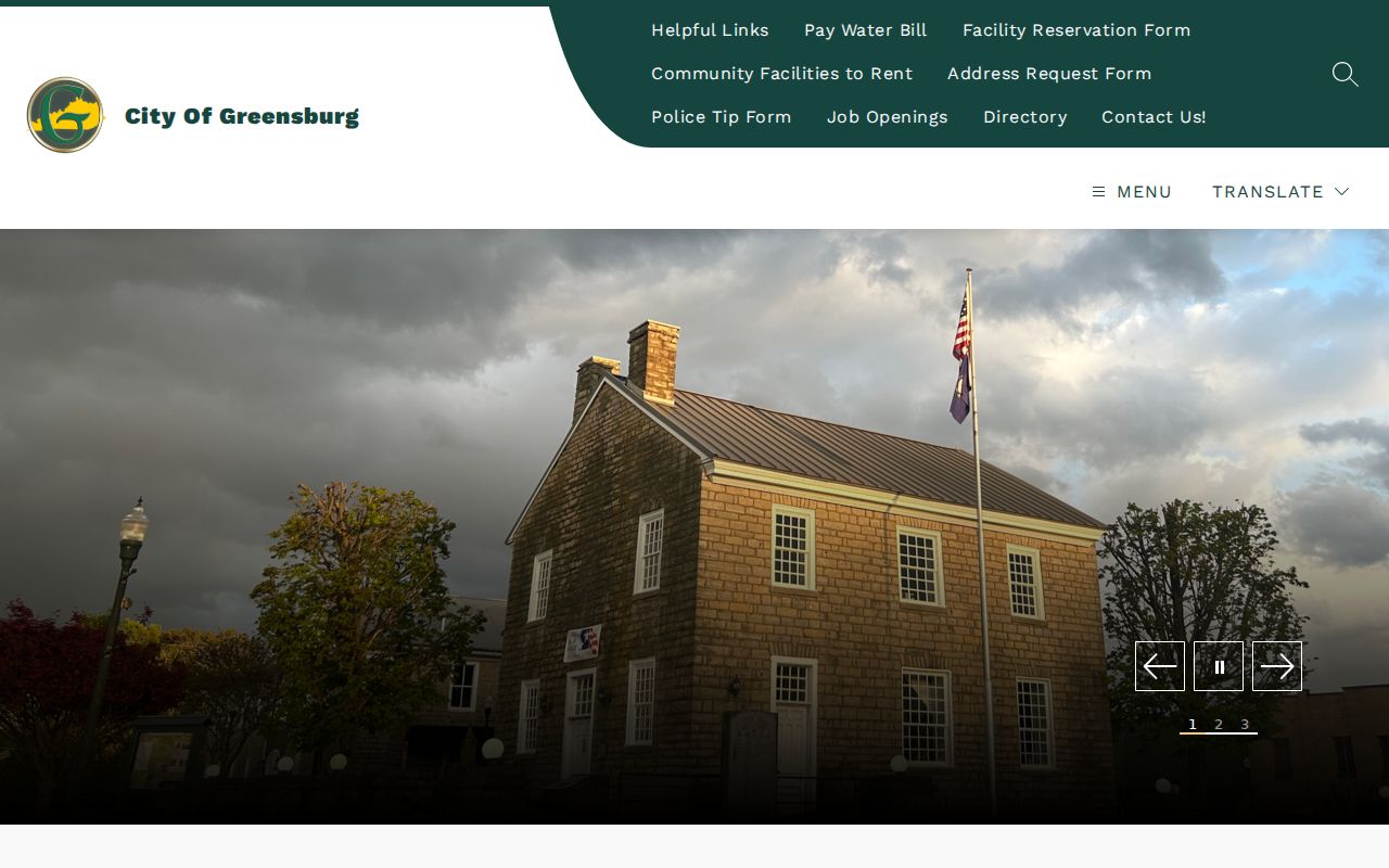 Official City of Greensburg homepage showing City Hall and department access