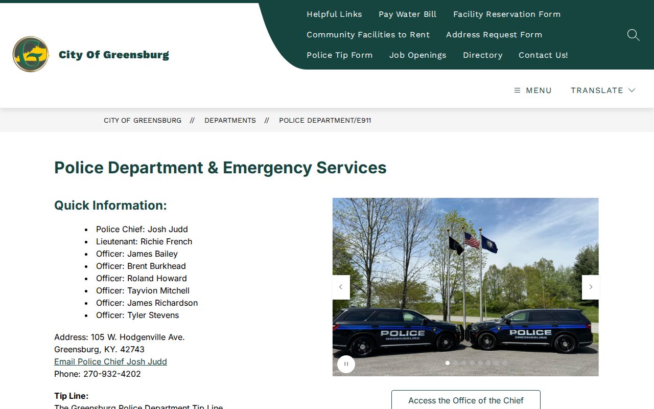 Official Greensburg Police Department and E911 page with local contact information